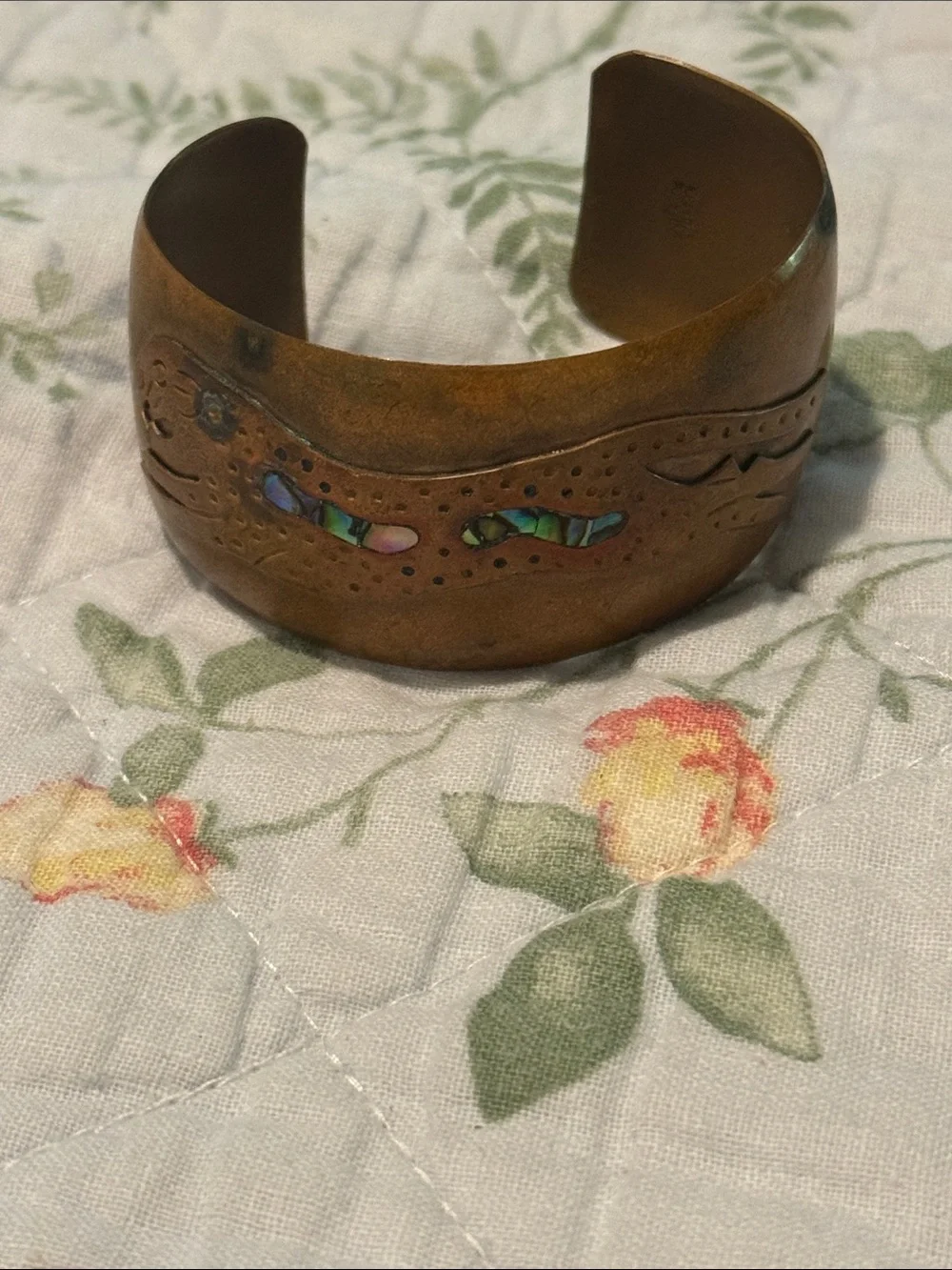 Vintage Copper Jaguar Abalone Cuff Bracelet and Real Copper Ring Adjustable